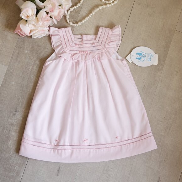 Pink Dress Bonnet Bloomer Set Flutter Sleeves Heirloom Details Boutique NWT - Picture 5 of 6